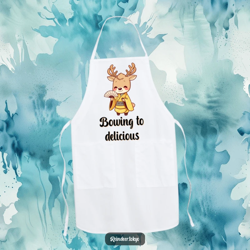 Funny apron showcasing a smiling reindeer in a golden kimono, bowing gracefully with a fan, perfect for elegant kitchen tasks.