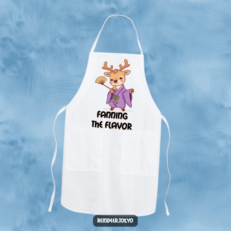 Funny apron with a cute reindeer in a purple kimono, striking a playful pose with a bamboo fan, perfect for humorous kitchen tasks.