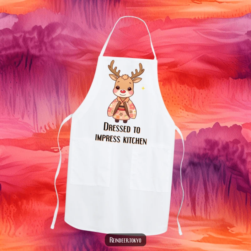 Funny apron featuring a whimsical reindeer in a floral kimono, performing a polite bow, ideal for kitchen use with a humorous, elegant flair.