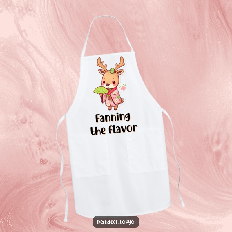 Funny apron showcasing a reindeer in a floral kimono, holding a green fan, perfect for adding elegance and humor to kitchen tasks.