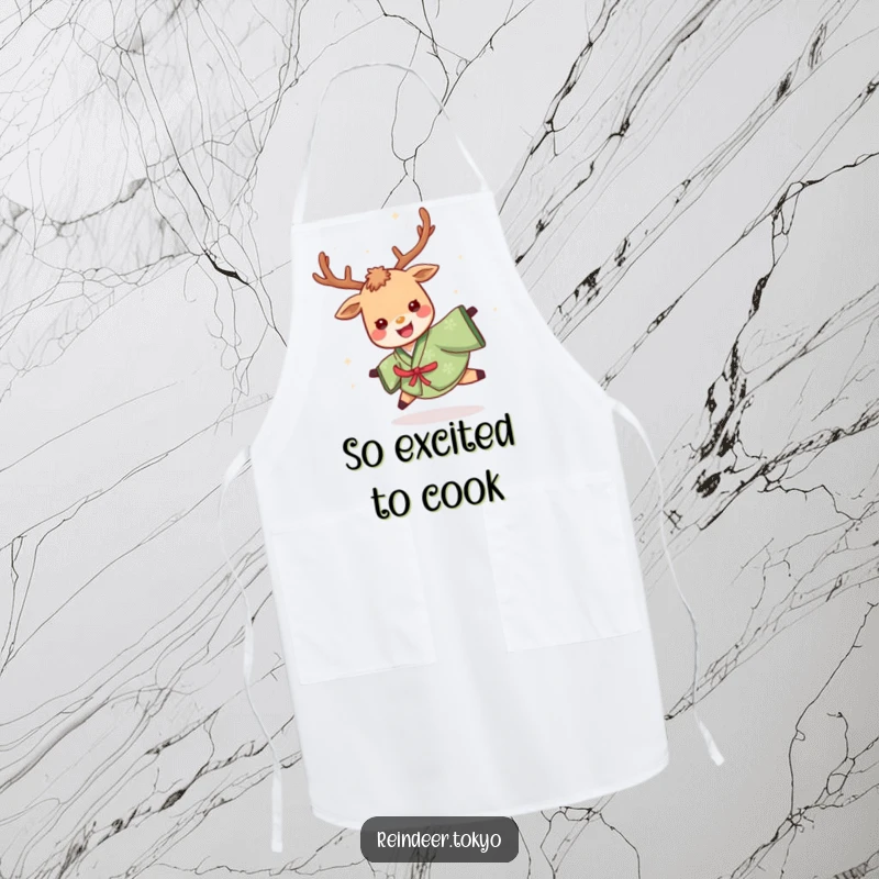 Funny apron with a cheerful reindeer in a green kimono, captured mid-spin with a delighted look, perfect for adding humor to culinary tasks.
