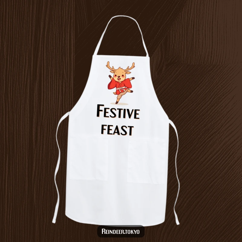 Funny reindeer kimono apron with a cute cartoon reindeer in a red kimono performing a gleeful high kick, ready for kitchen tasks.