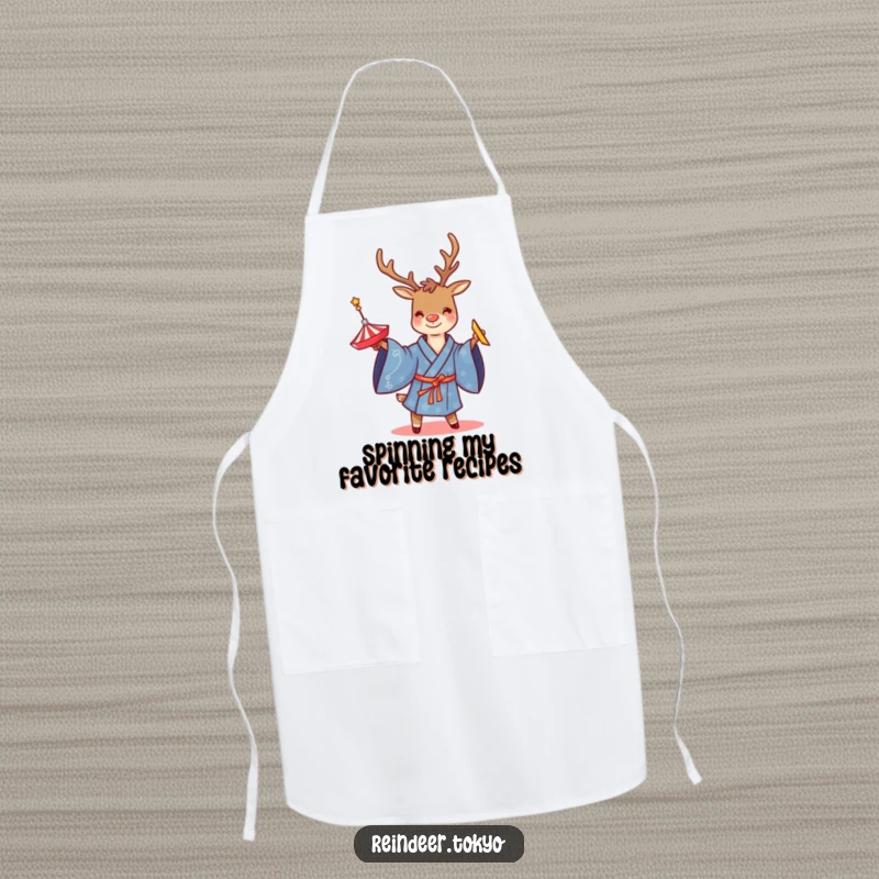 Funny apron depicting a smiling reindeer in a blue kimono, expertly twirling a spinning top, ideal for kitchen fun.