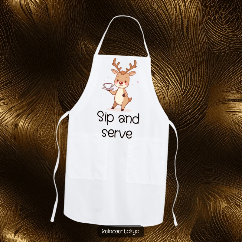 Funny Reindeer Apron: Charming reindeer smiles, balancing a tray of tiny teacups with delicate humor.