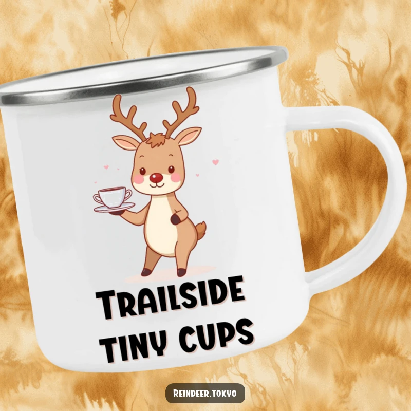 Funny Reindeer Camping Mug: Charming reindeer smiles, balancing a tray of tiny teacups with gentle grace.
