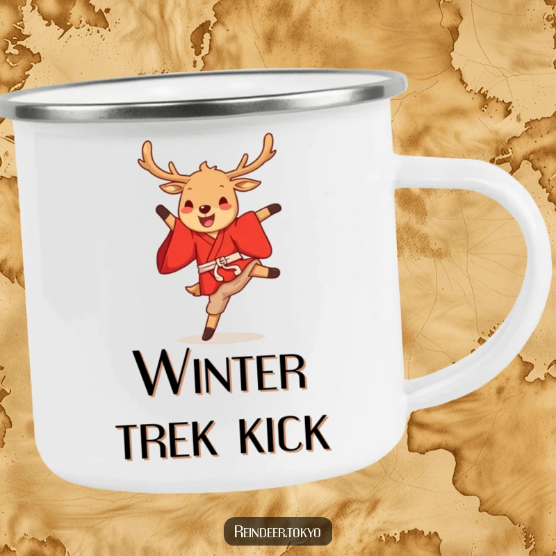 Funny reindeer kimono camping mug with a cute cartoon reindeer in a red kimono performing a gleeful high kick, ready for adventures.