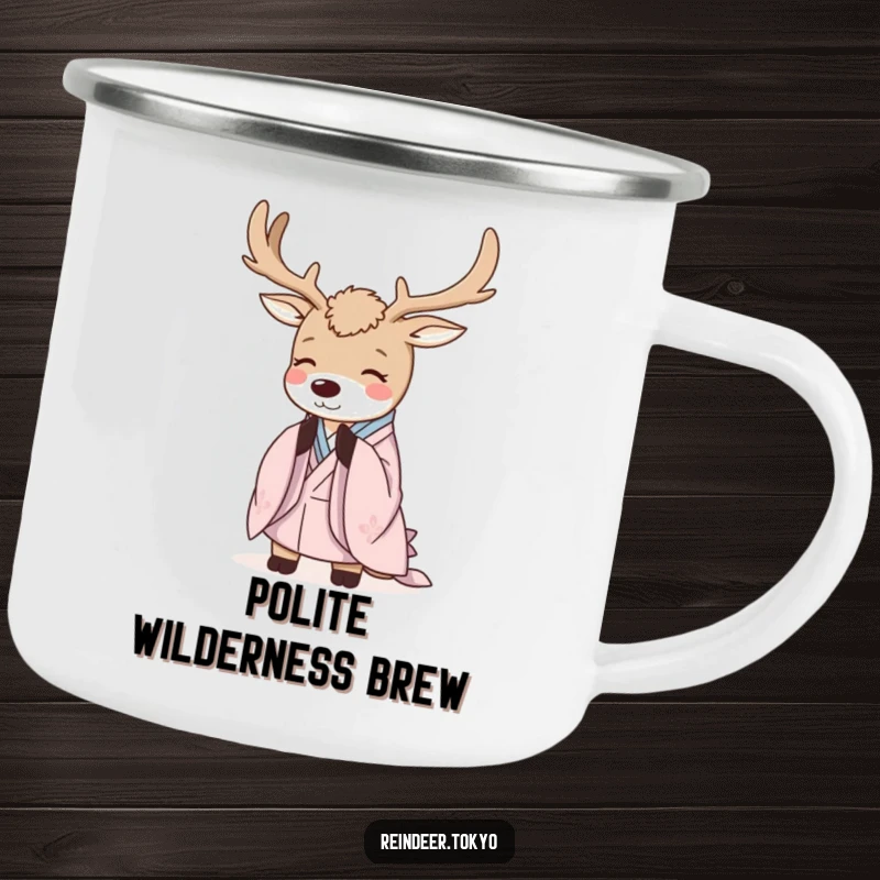 Funny Reindeer Camping Mug: Serene reindeer in kimono robes bows politely, perfect for outdoor drinks with humor.