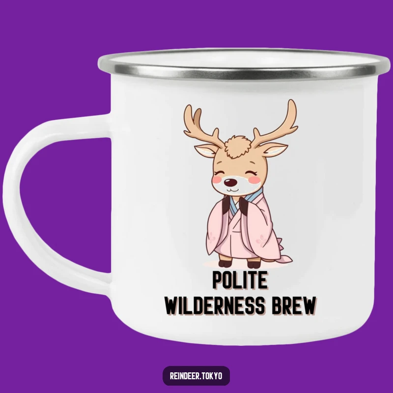 Funny Serene Reindeer Kimono Camping Mug: Polite Adventure in Every Sip