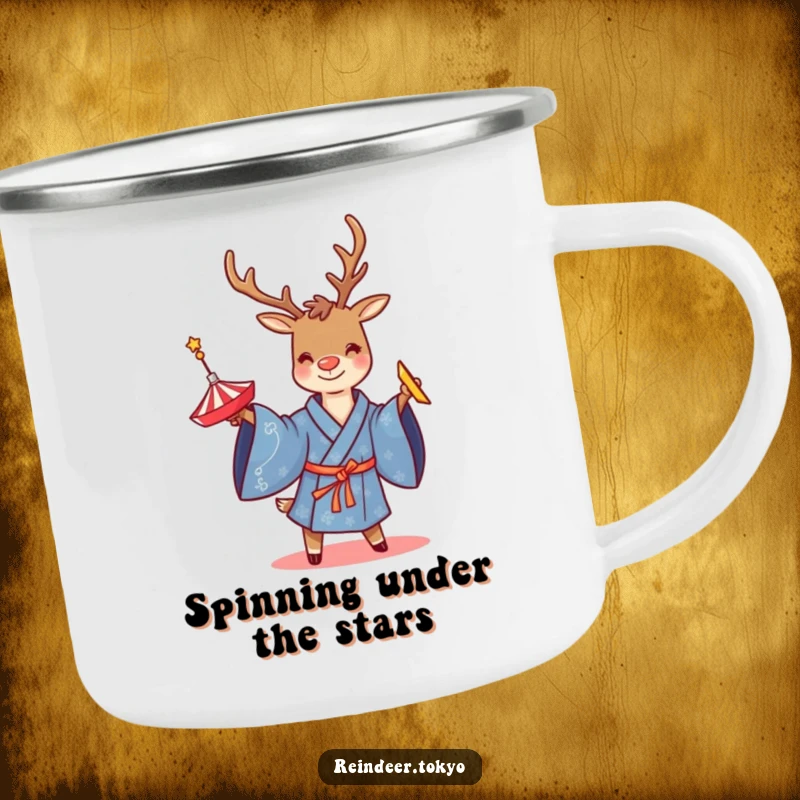 Funny camping mug showing a smiling reindeer in a blue kimono, twirling a spinning top, perfect for outdoor enjoyment.