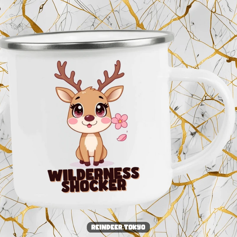 Funny Reindeer Camping Mug: Startled reindeer with wide eyes reacts comically to a falling sakura petal.