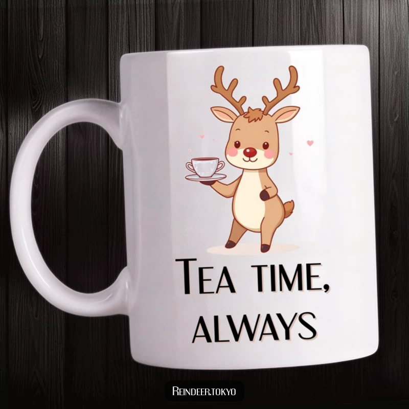 Funny Reindeer Mug: Charming reindeer smiles while balancing a tray of tiny teacups with delicate poise.
