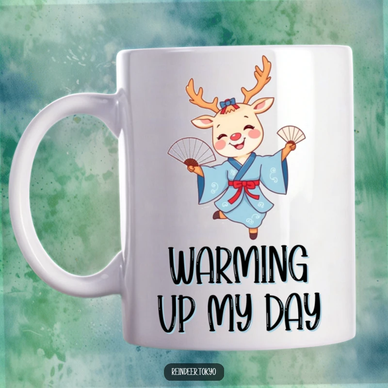 Funny reindeer fan dance mug with a smiling cartoon reindeer in a blue kimono joyfully dancing with a delicate fan.