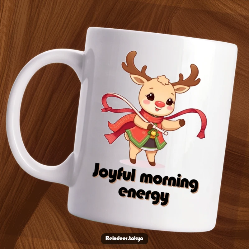 Funny Reindeer Mug: Happy reindeer in traditional attire twirls a shimmering ribbon with energetic joy.