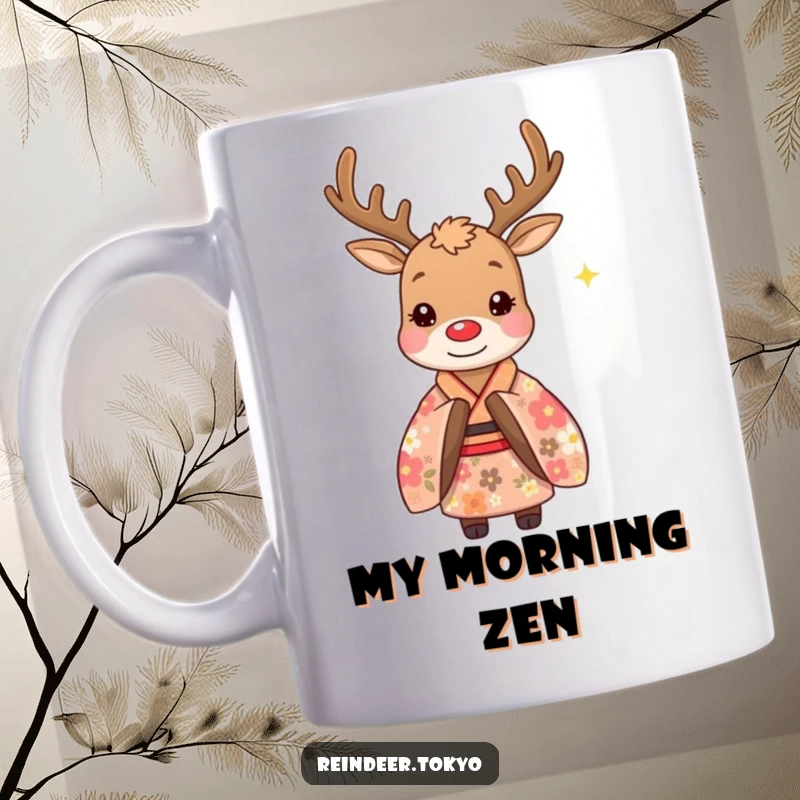 Funny mug with a whimsical reindeer in a floral kimono performing a polite, gentle bow with a subtle twinkle in its eye.