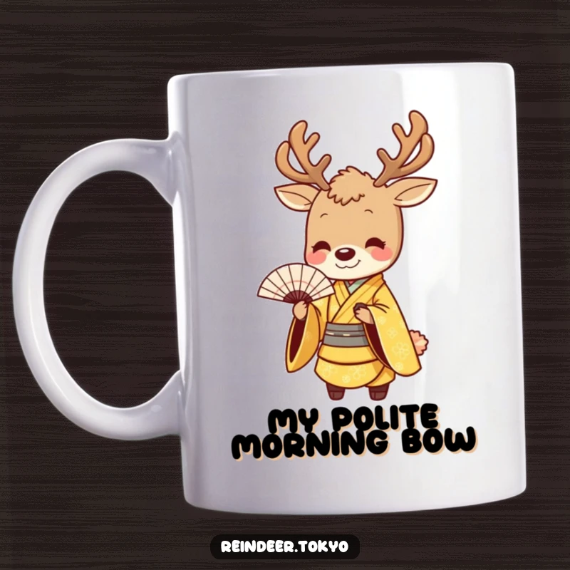 Funny mug showcasing a smiling reindeer in a golden kimono, bowing gracefully while holding a fan, embodying politeness and humor.