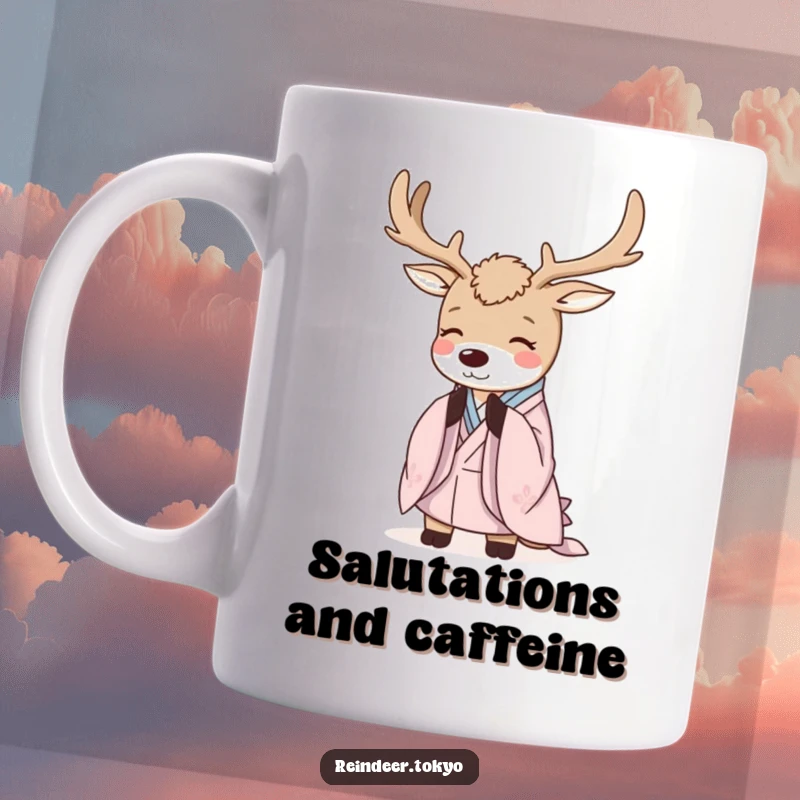Funny Reindeer Mug: Polite reindeer in kimono robes bows gracefully, exuding serene charm and humor.