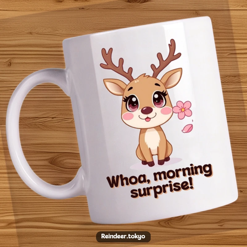 Funny Reindeer Mug: Startled reindeer with wide eyes reacts comically to a falling sakura petal.