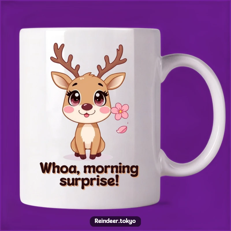 Funny Startled Reindeer Sakura Mug: Wide-Eyed Reaction Funny Gift
