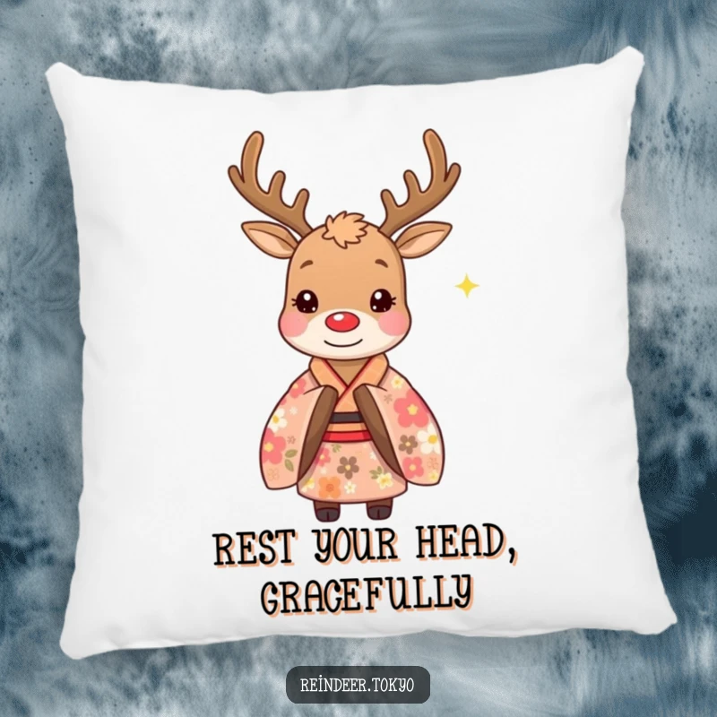 Funny pillow with a whimsical reindeer in a floral kimono, gracefully bowing, offering a touch of humor and plush comfort to any space.