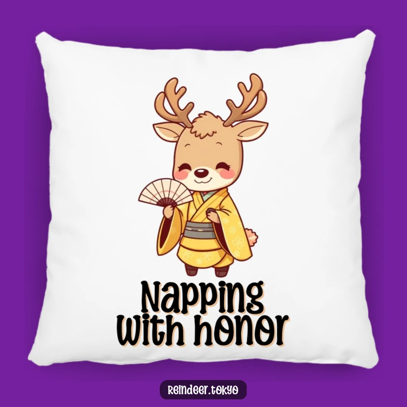 Funny Golden Reindeer Kimono Pillow: Cozy Elegance with Graceful Humor!