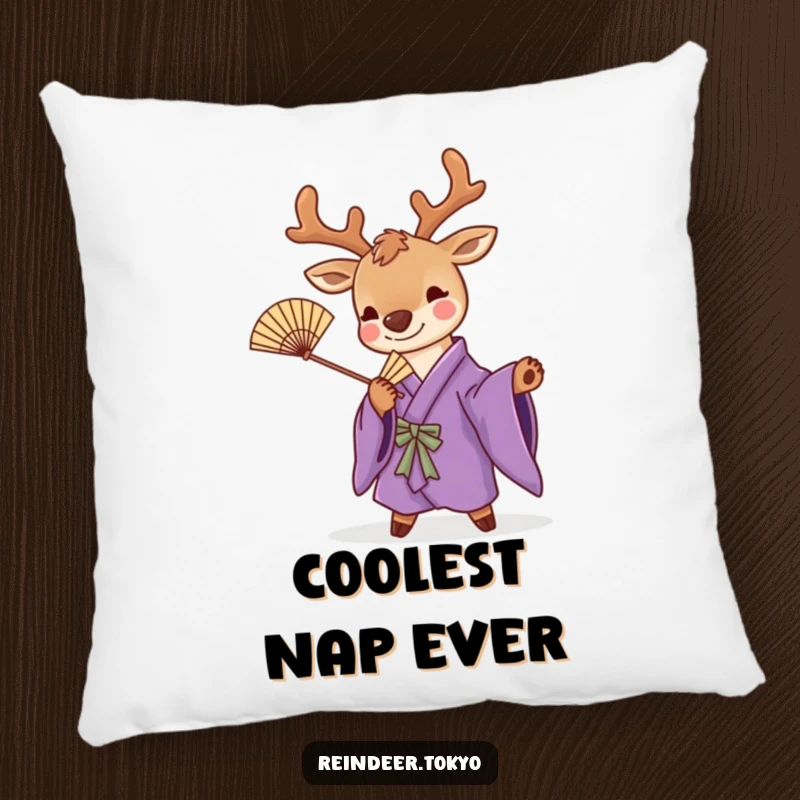 Funny pillow featuring a cute reindeer in a purple kimono, striking a playful pose with a bamboo fan, offering stylish humor and comfort.