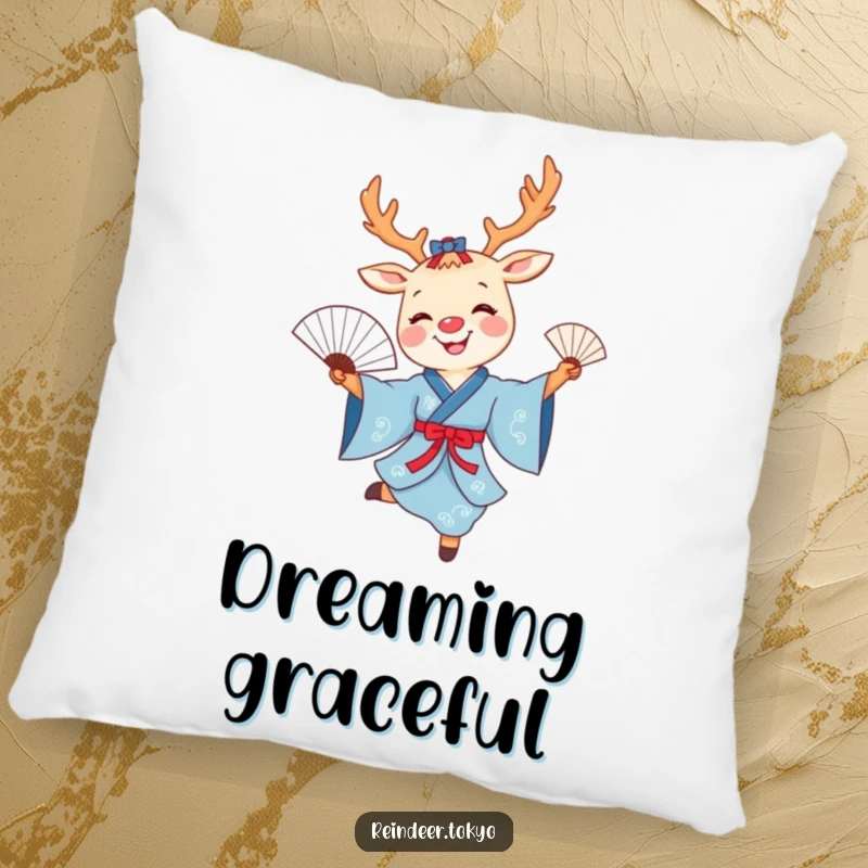 Funny reindeer fan dance pillow with a smiling cartoon reindeer in a blue kimono joyfully dancing with a delicate fan.