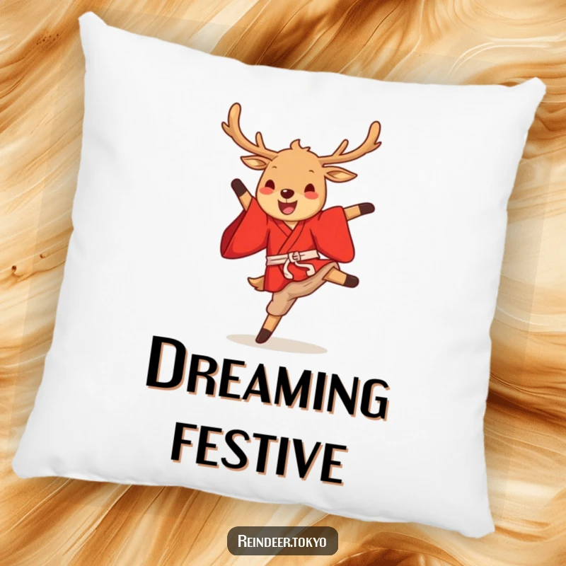 Funny reindeer kimono pillow with a cute cartoon reindeer in a red kimono performing a joyful high kick, adding cheer.