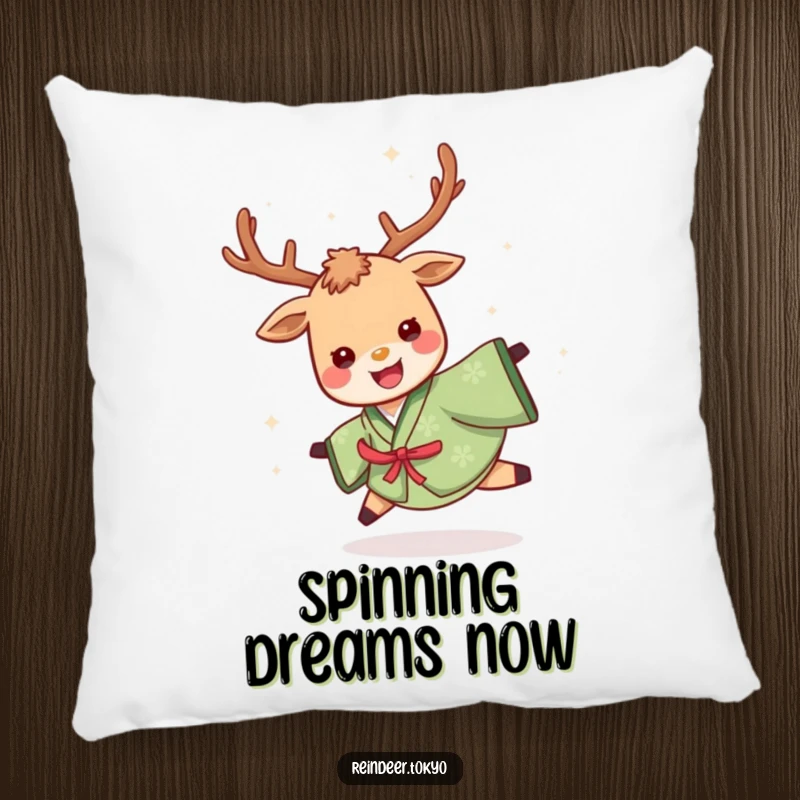 Funny pillow featuring a cheerful reindeer in a green kimono, spinning with a delighted expression, bringing soft comfort and humor.