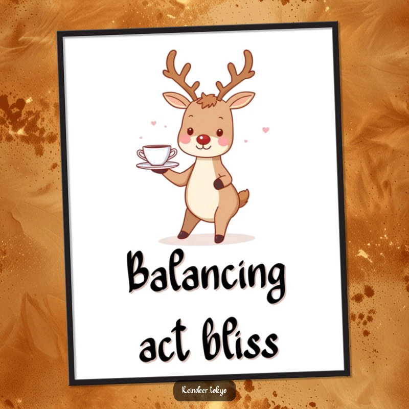 Funny Reindeer Digital Art: Charming reindeer smiles, balancing a tray with tiny teacups with whimsical grace.
