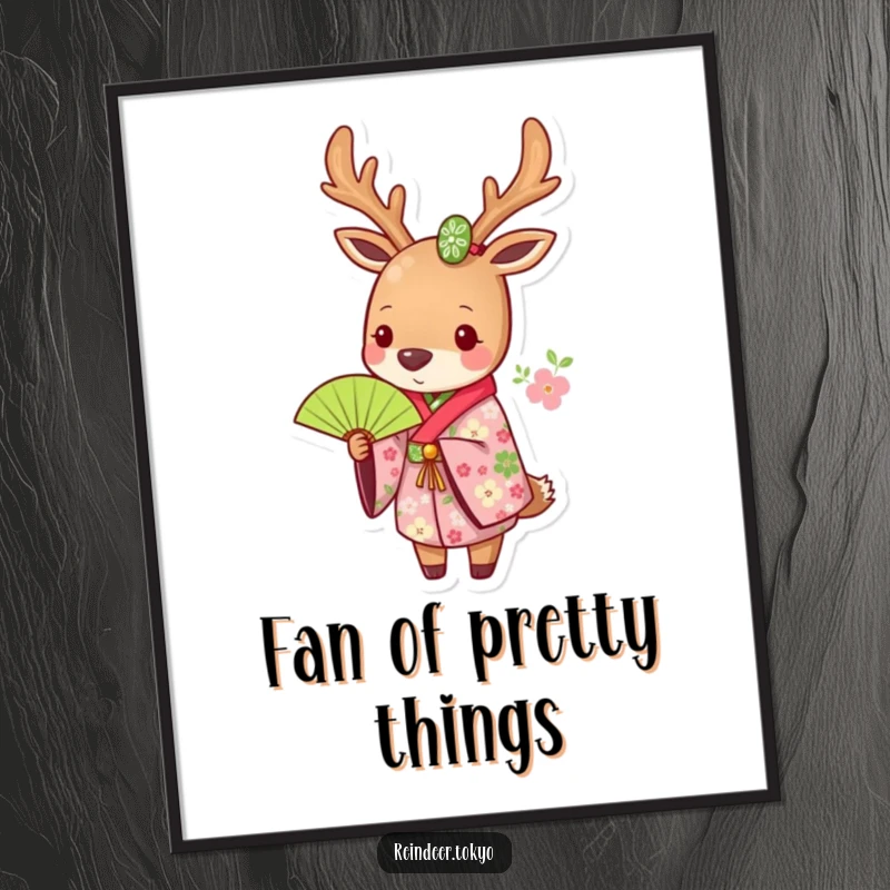 Funny digital art print of a reindeer in a floral kimono, holding a green fan, elegant and humorous wall decor.