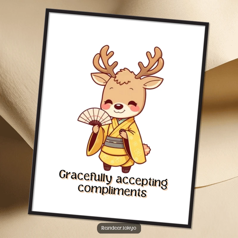 Funny digital art print of a smiling reindeer in a golden kimono, bowing gracefully with a fan, elegant and humorous wall decor.