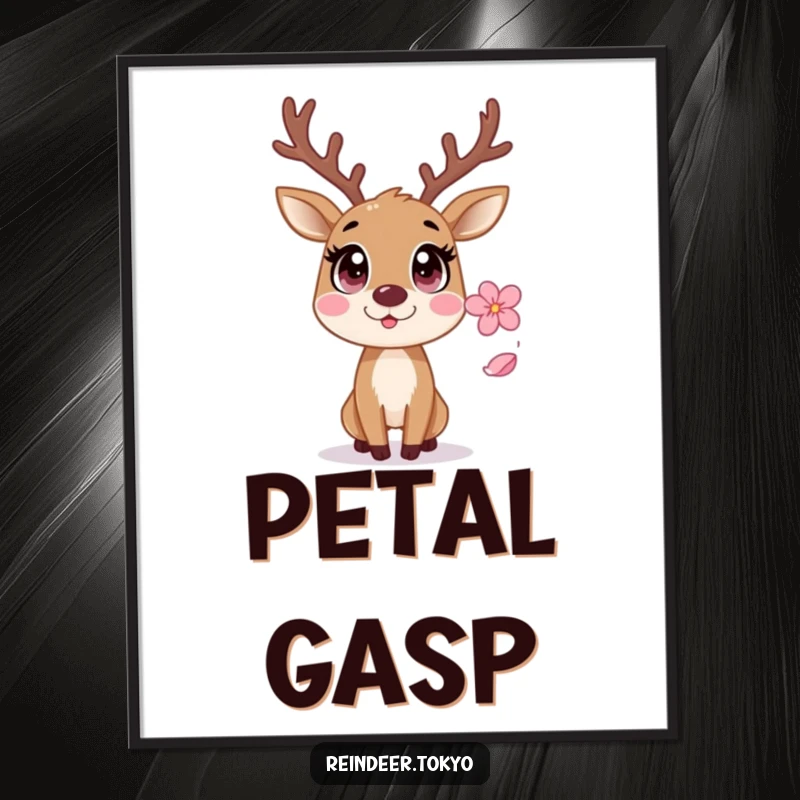 Funny Reindeer Digital Art: Startled reindeer with wide eyes reacts comically to a falling sakura petal.