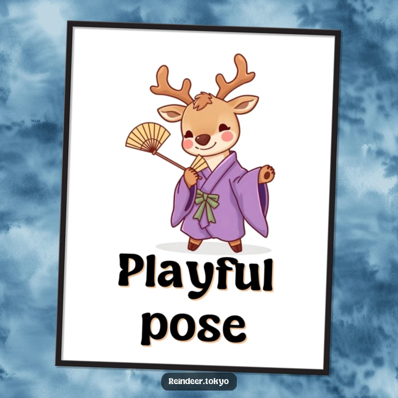 Funny digital art print of a cute reindeer in a purple kimono, striking a playful pose with a bamboo fan, bringing stylish humor.