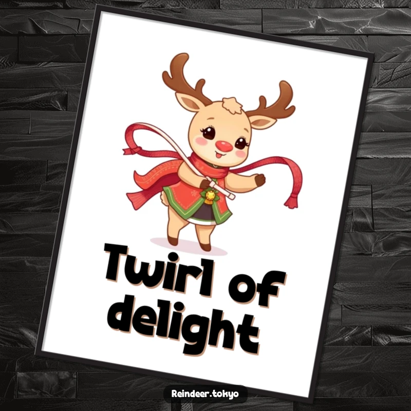 Funny Reindeer Digital Art: Happy reindeer in traditional attire twirls a shimmering ribbon with joyful grace.