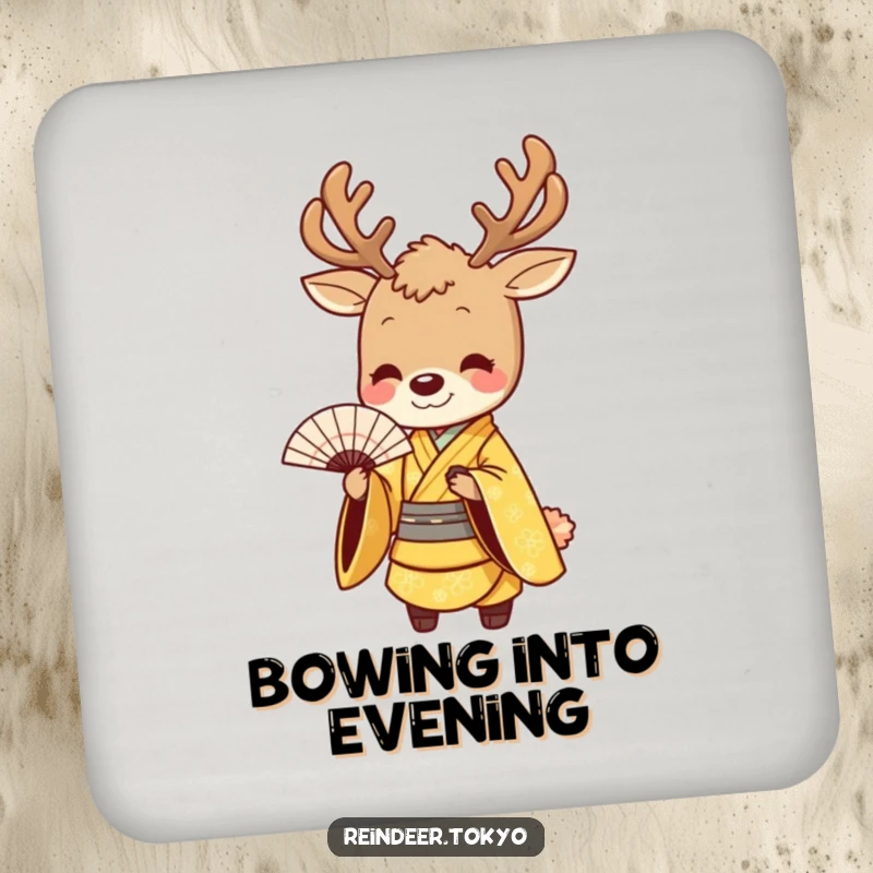 Funny drink coasters featuring a smiling reindeer in a golden kimono, bowing gracefully with a fan, offering elegant protection with humor.