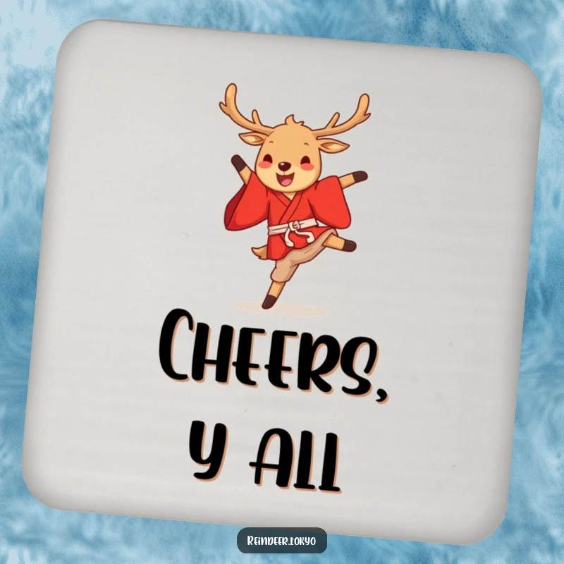 Funny reindeer kimono drink coaster with a cute cartoon reindeer in a red kimono performing a joyous high kick, protecting surfaces.