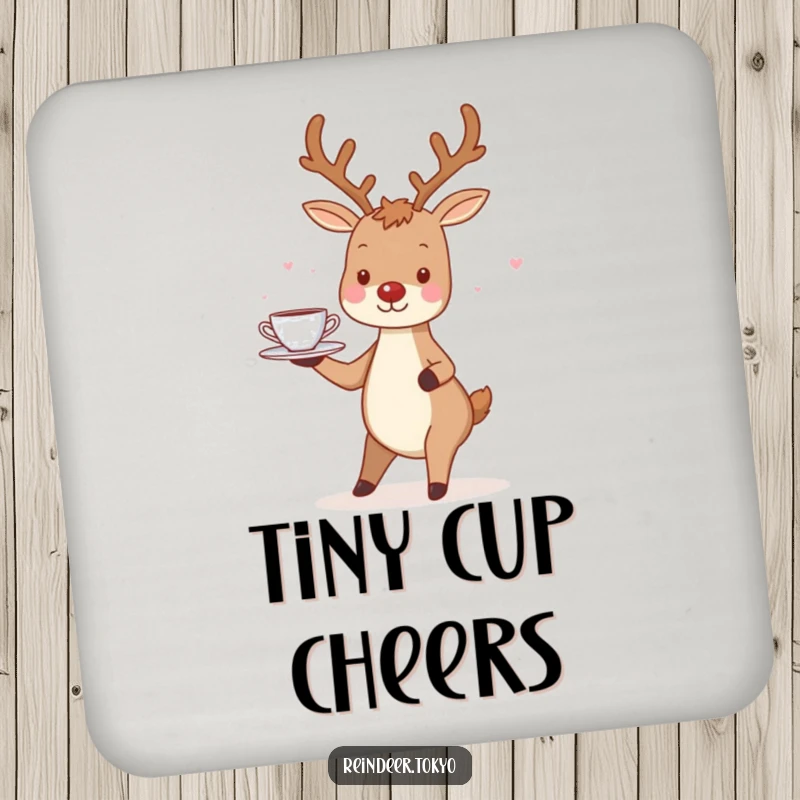 Funny Reindeer Coasters: Charming reindeer smiles, balancing a tray with tiny teacups gracefully.