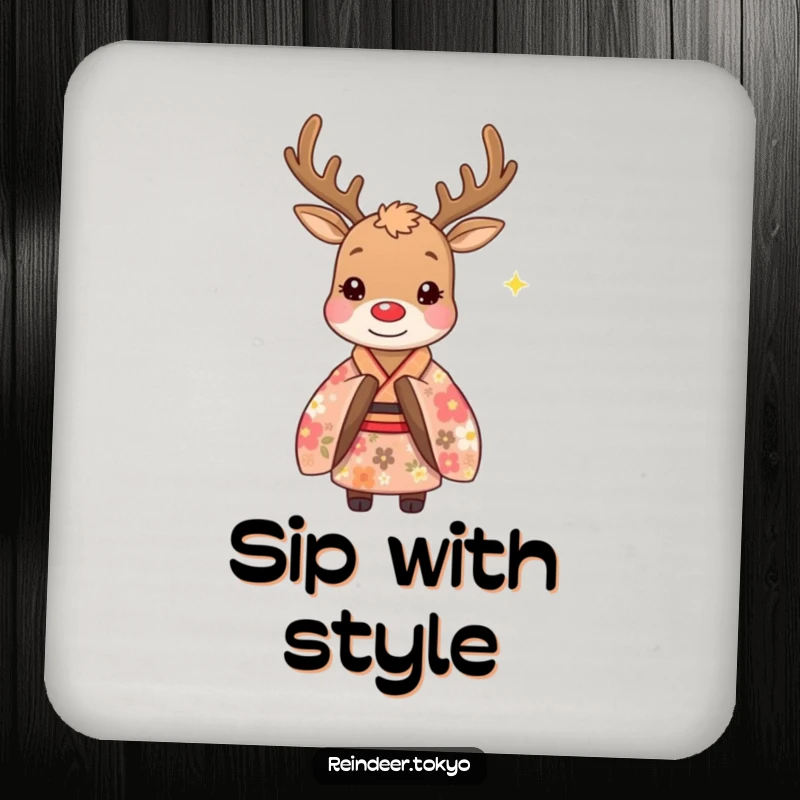 Funny drink coaster featuring a whimsical reindeer in a floral kimono performing a polite bow, adding humorous elegance to any surface.