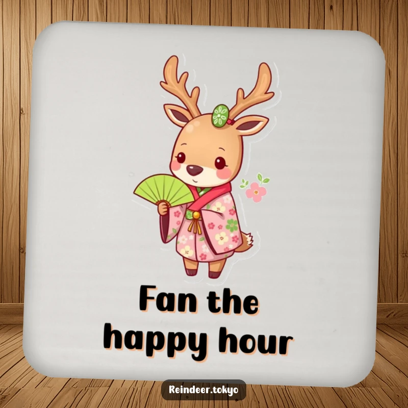 Funny drink coasters featuring a reindeer in a floral kimono, holding a green fan, offering elegant protection with a humorous design.