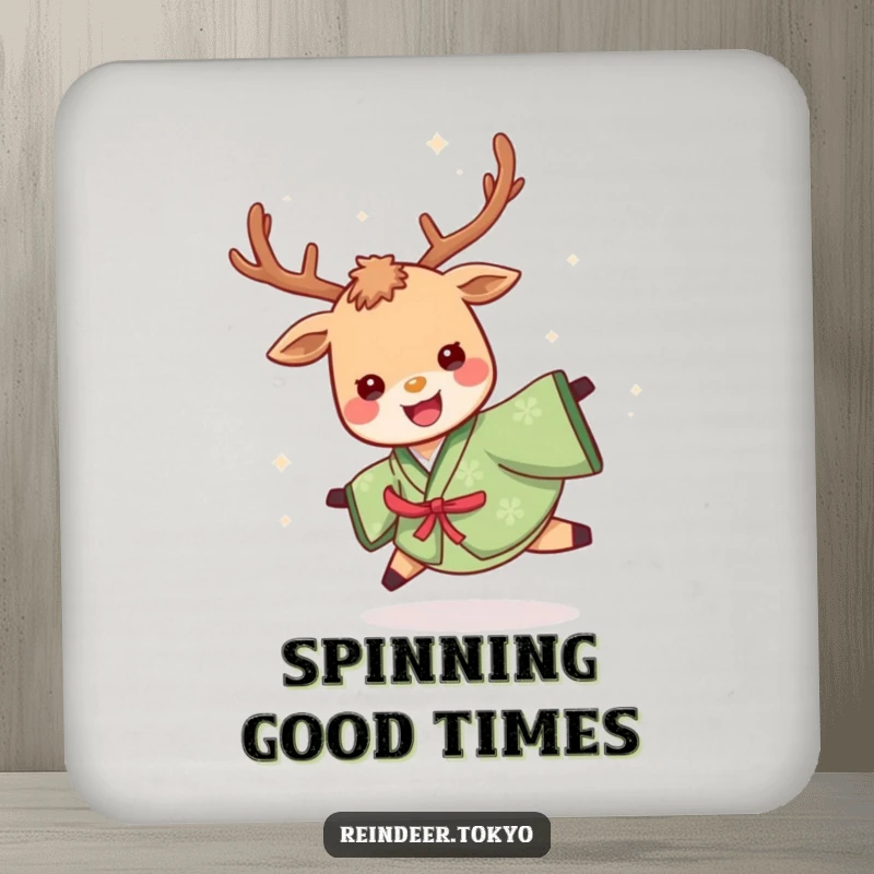 Funny drink coaster featuring a cheerful reindeer in a green kimono, spinning with a delighted look, adding humorous energy to surfaces.
