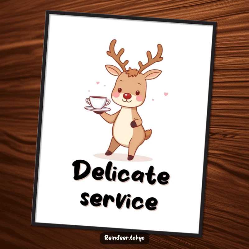 Funny Reindeer Poster: Charming reindeer smiles, balancing a tray of tiny teacups with delightful poise.