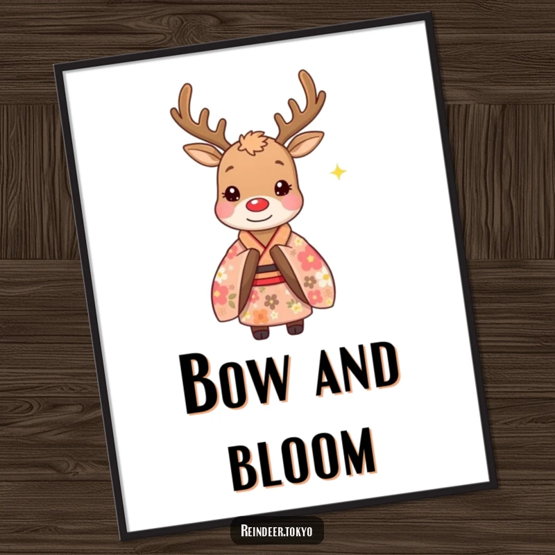 Funny poster art print of a whimsical reindeer in a vibrant floral kimono, executing a polite bow with a delicate twinkle, adding humor.