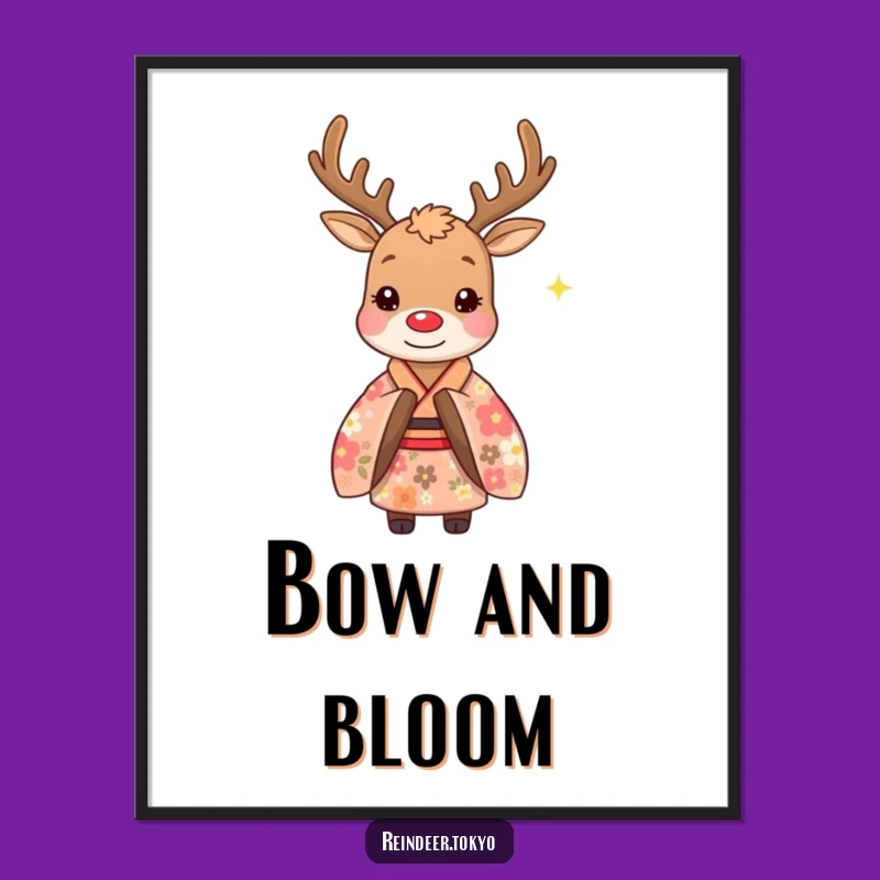 Funny Floral Kimono Reindeer Poster: Adorable Polite Bow Art for Whimsical Decor