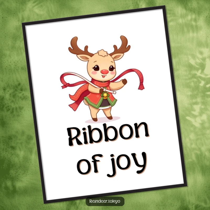 Funny Reindeer Poster: Happy reindeer in traditional attire twirls a shimmering ribbon, exuding joyful movement.