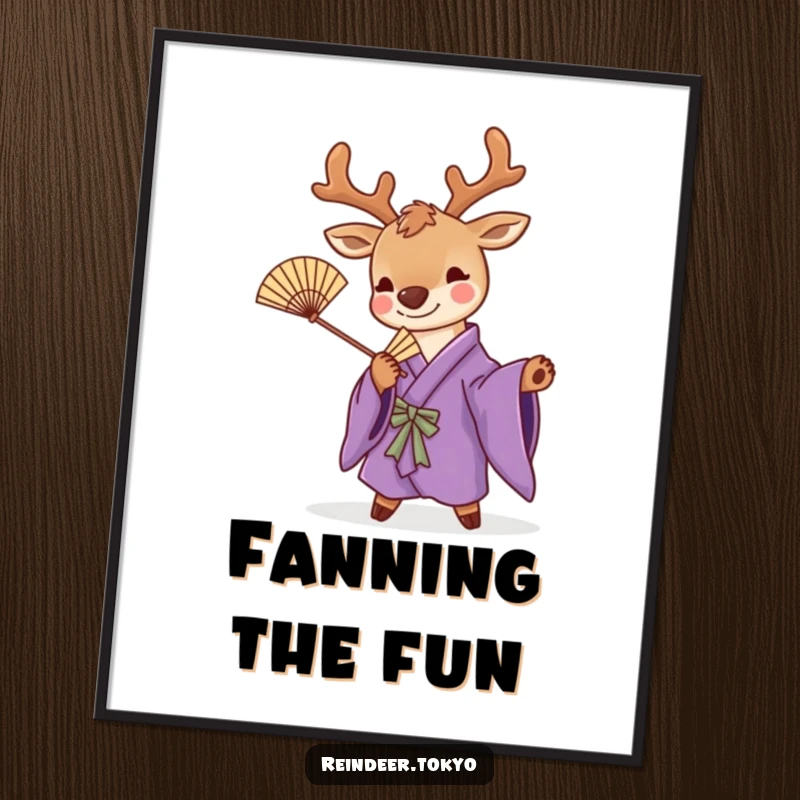 Funny poster art print of a cute reindeer in a purple kimono, striking a playful pose with a bamboo fan, adding stylish humor.