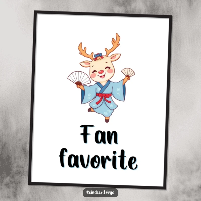 Funny reindeer fan dance poster featuring a smiling cartoon reindeer in a blue kimono joyfully dancing with a delicate fan.