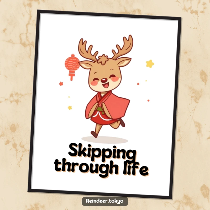 Funny poster showcasing a spirited reindeer in a red and white kimono, captured mid-skip with infectious happiness, a joyful wall decoration.