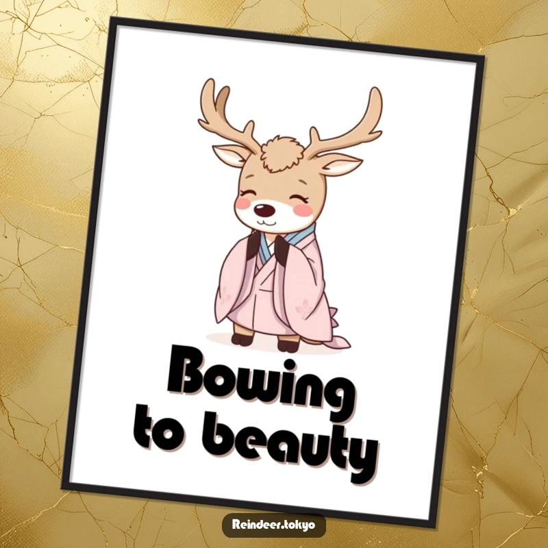 Funny Reindeer Poster: Serene reindeer in kimono robes bows politely, a beautiful and humorous wall art piece.