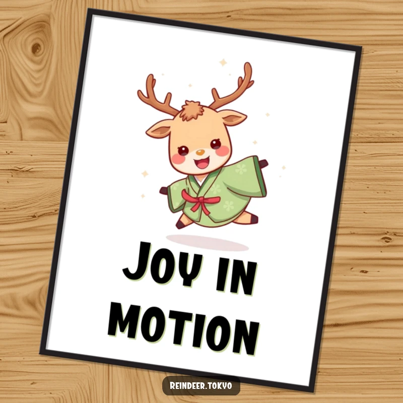 Funny poster art print of a cheerful reindeer in a green kimono, spinning exuberantly with a delighted expression, adding vibrant humor.