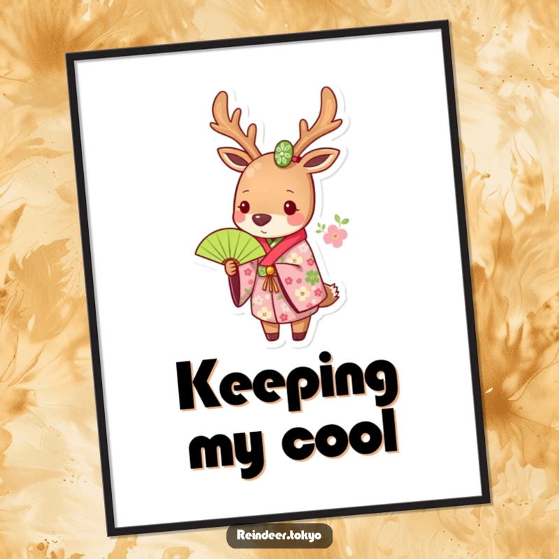 Funny poster of a reindeer dressed in a floral kimono, holding a green fan, a piece of elegant and humorous wall art.